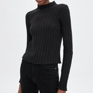 Zara Black Ribbed Thermal Long Sleeve T-Shirt